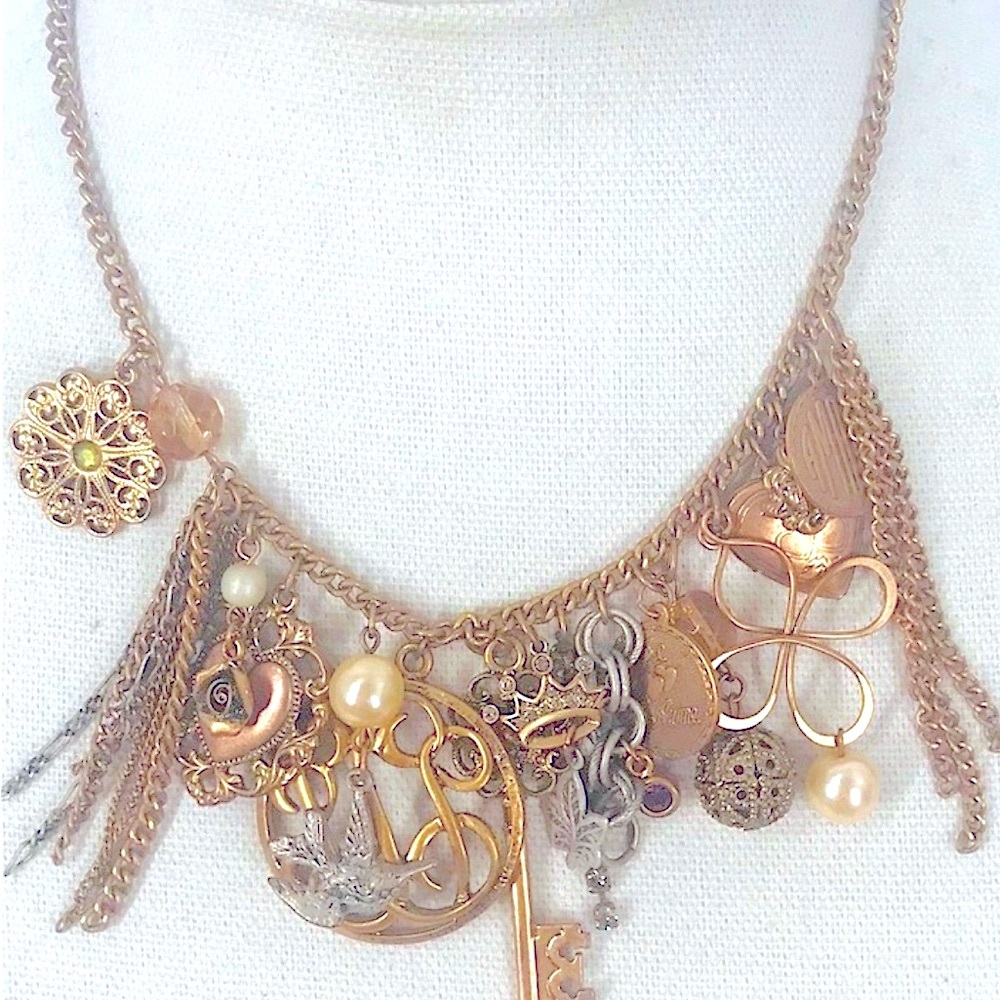 💕Express Heart Locket necklace of Brass, key, pearl, crown, leaves charms 16”